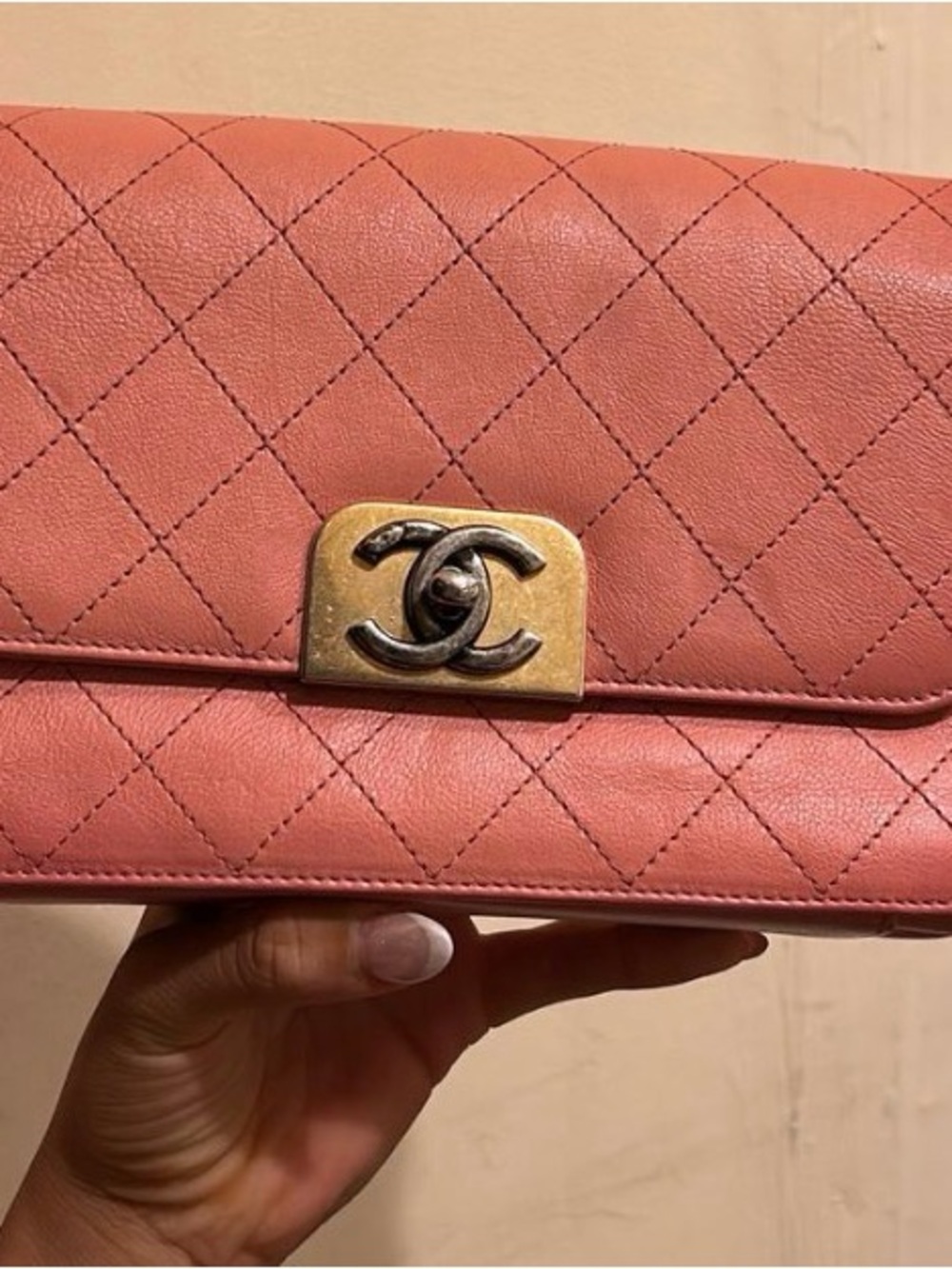 Authentic CHANEL Quilted Leather Clutch in Rose Pink with Gold-Tone CC Lock